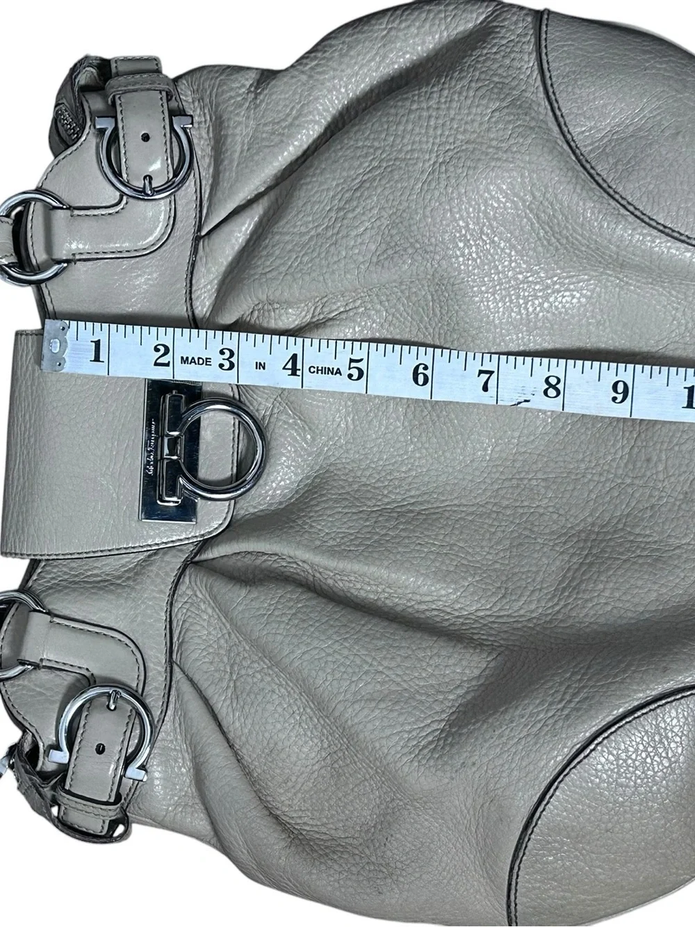 Salvatore Ferragamo Gancini Pebbled Leather Satchel Bag Manila Beige Yellow Ital